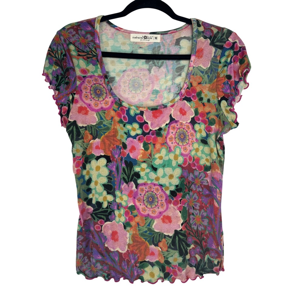 Natural Life Floral Scoop Neck Top Womens Medium Lettuce Edge Short Sleeve Multi